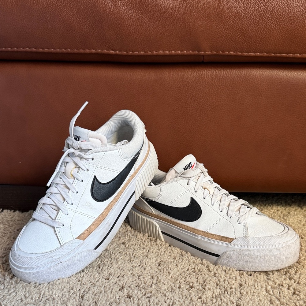 Nike Women’s White Sneakers with Black Swoosh and Tan Accent